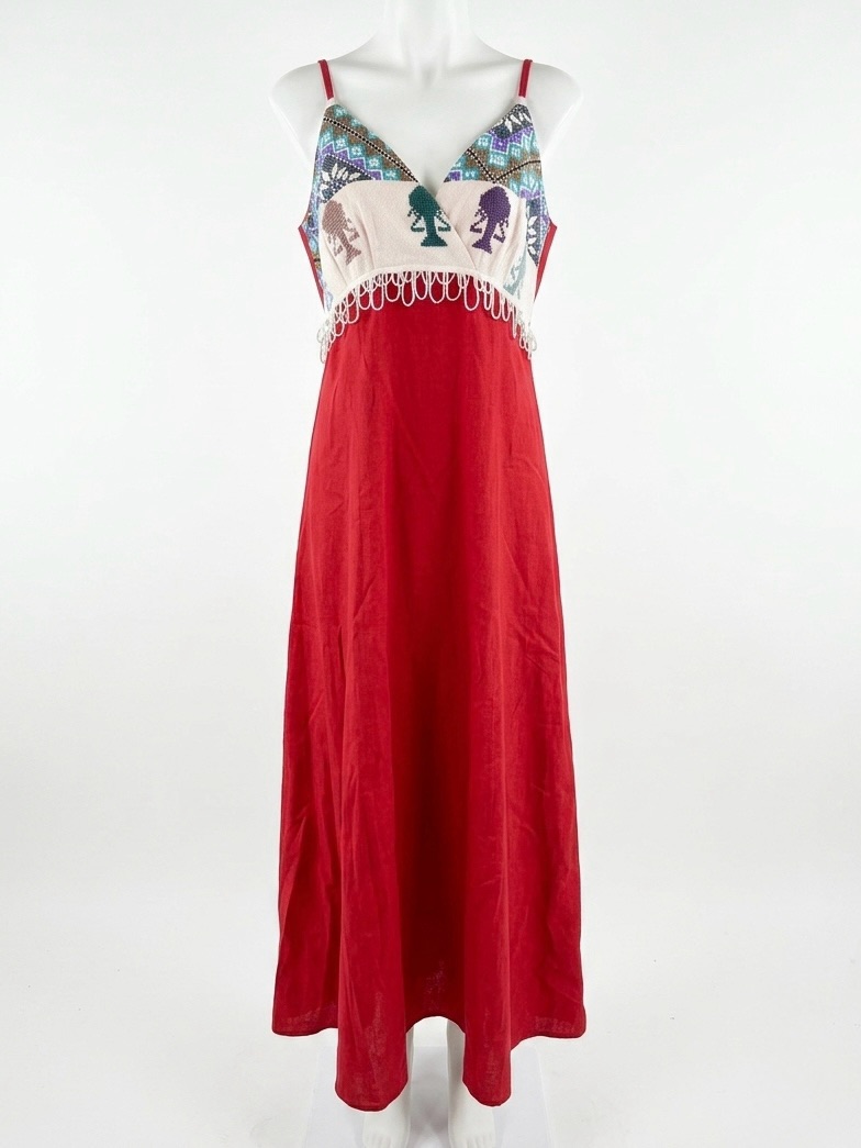 Miciq Rangi Truku Taiwan Indigenous Boho Red Maxi Dress Cross Stitch Beads Xs